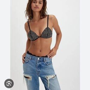 Understated Leather Black Suede Crystal Rhinestone Bra Top Crop Free People M